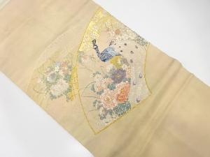 引箔地紙に孔雀・牡丹・菊模様織出し名古屋帯